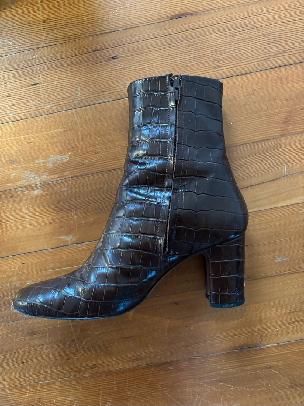 Rouje Dark Brown Croc-Embossed Leather Ankle Boots